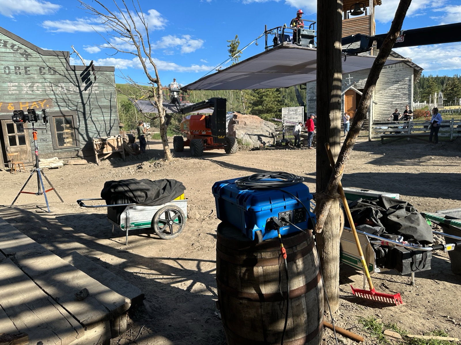 SatPack Pro deployed on a barrel in a western film set town