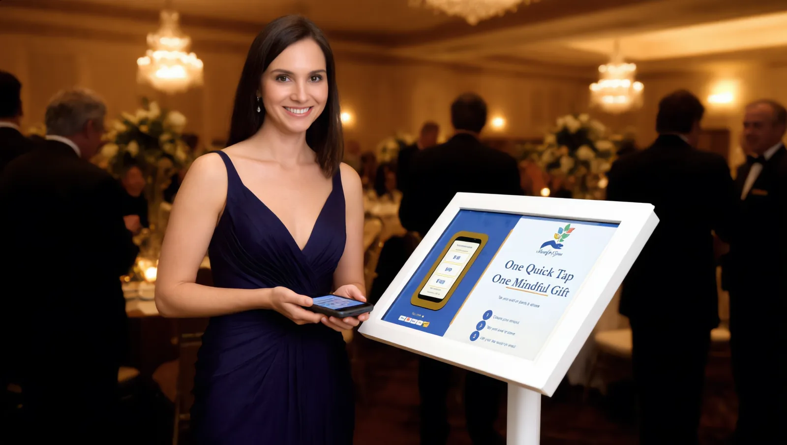 Mindful Give tap-to-donate terminal in use at a charity gala event