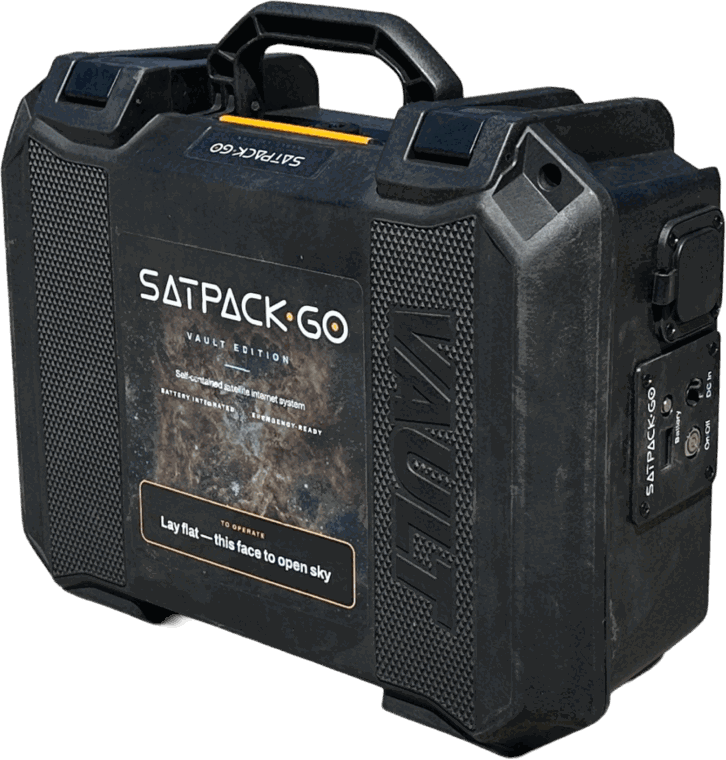 The SatPack Go Vault Edition: a sealed, ruggedised black case with moulded grips and a side control panel, labelled "lay flat — this face to open sky"